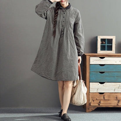 Herbst grau Gitter Baumwolle Kleider plus Größe lässig Langarm Revers dickes Kleid
