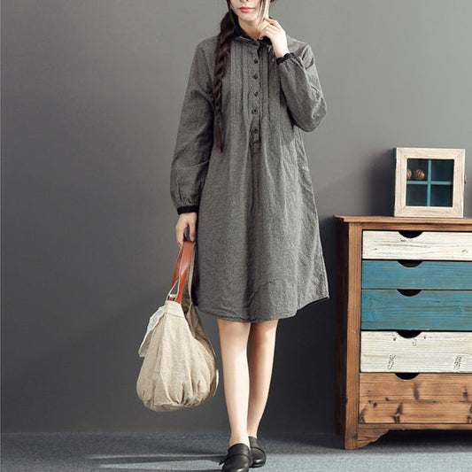 Herbst grau Gitter Baumwolle Kleider plus Größe lässig Langarm Revers dickes Kleid