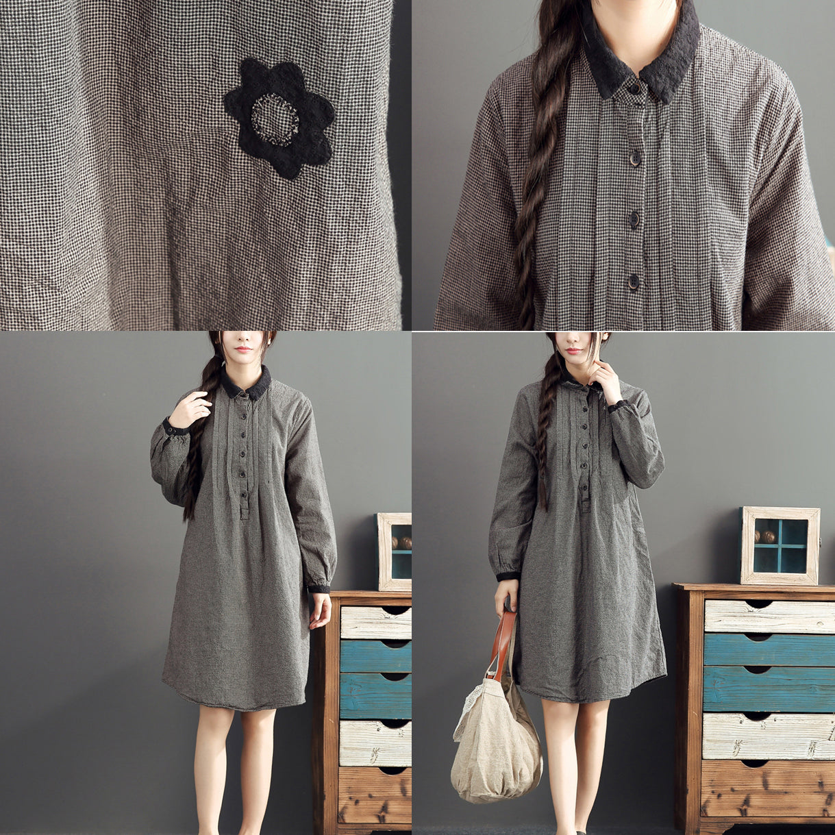 Herbst grau Gitter Baumwolle Kleider plus Größe lässig Langarm Revers dickes Kleid