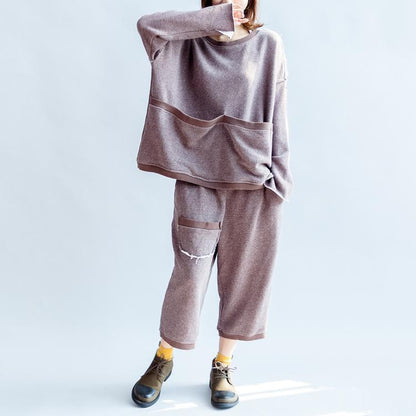 Herbstlich hellviolette lässige Baumwollstrickoberteile und lässige Strickhosen mit Taschen in Übergröße