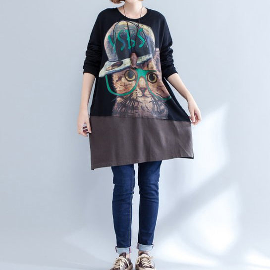 Herbst neue schwarz patchwork baumwolle drucke kleider plus größe o neck mid kleid