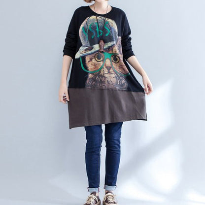 Herbst neue schwarz patchwork baumwolle drucke kleider plus größe o neck mid kleid