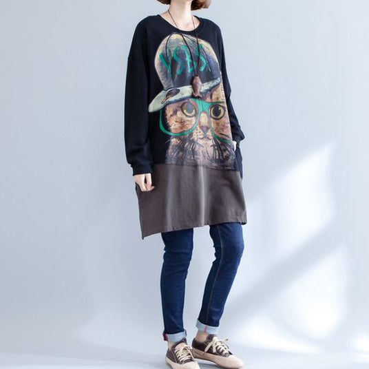 Herbst neue schwarz patchwork baumwolle drucke kleider plus größe o neck mid kleid