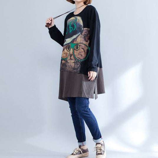 Herbst neue schwarz patchwork baumwolle drucke kleider plus größe o neck mid kleid