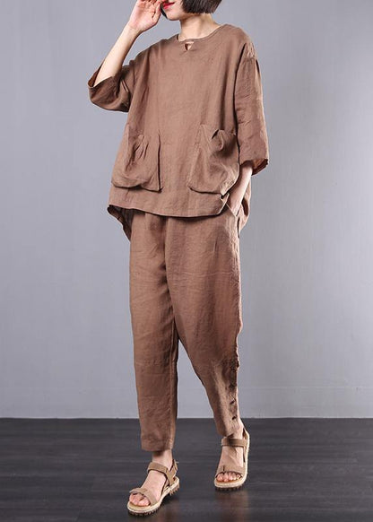autumn new dark khaki big pockets tops and women casual trousers - SooLinen