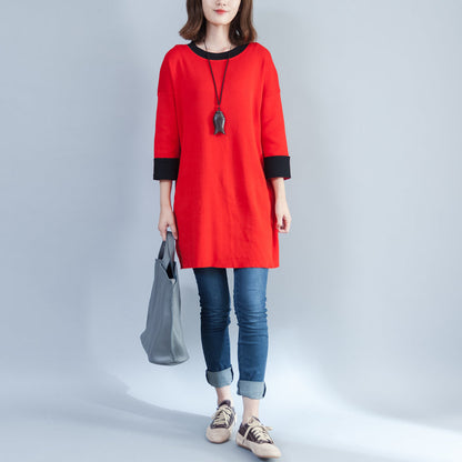 Herbst neue rot casual baumwolle stricken tops plus größe o neck