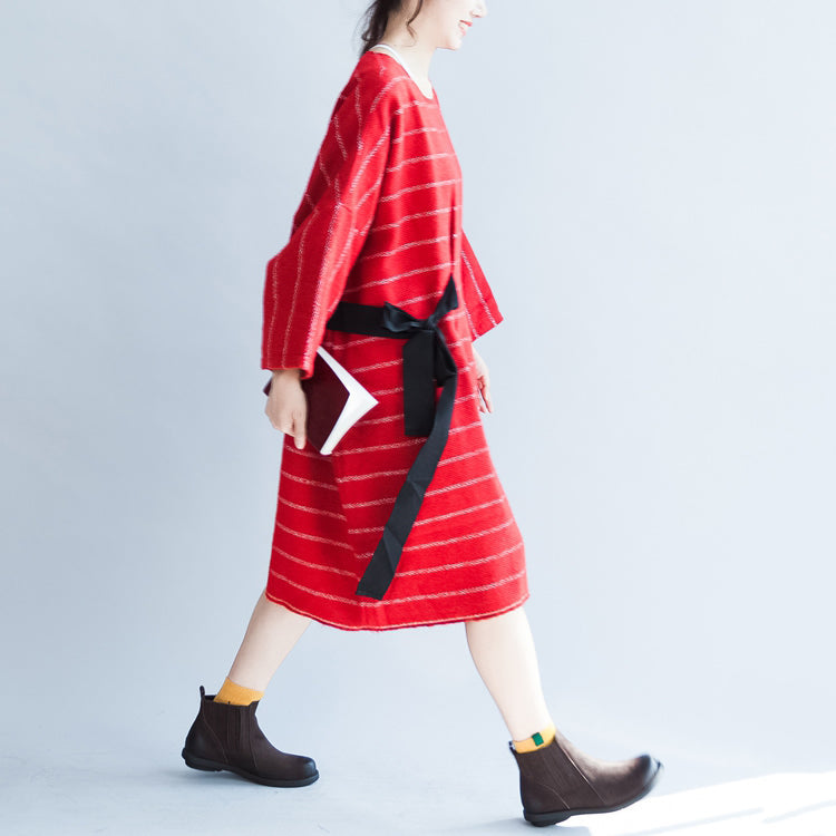 Herbst plus Größe rot gestreiften Baumwollkleider Krawatte Taille Langarm Woll Freizeitkleid