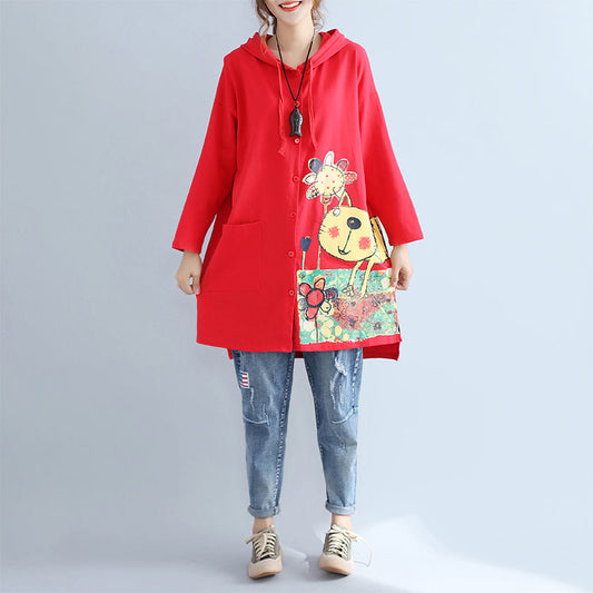 Herbst rot neue kapuzen baumwolle mäntel plus größe druck große tasche strickjacken outwear