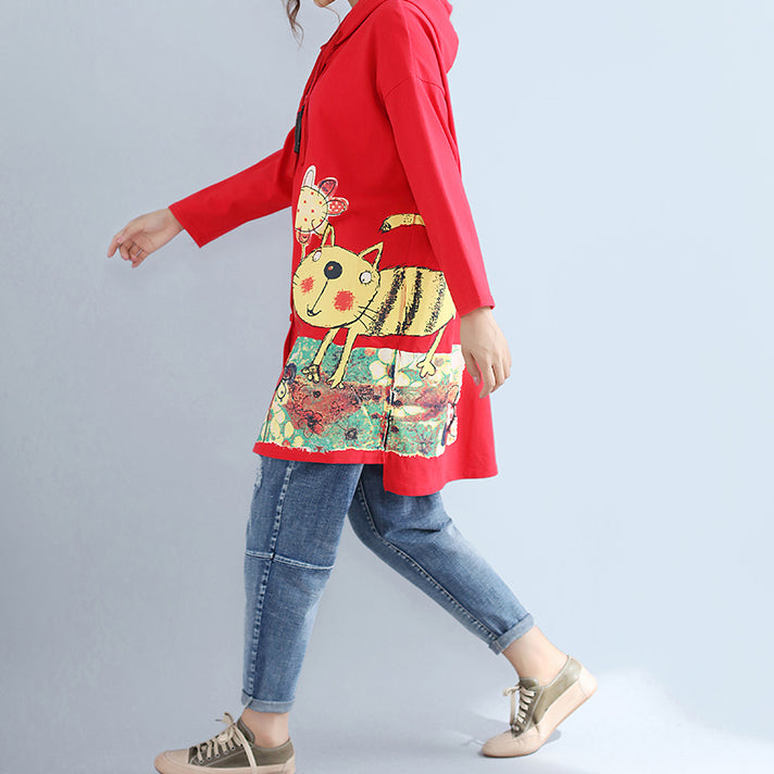 Herbst rot neue kapuzen baumwolle mäntel plus größe druck große tasche strickjacken outwear