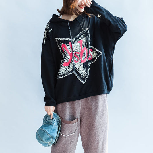 Herbst dicken schwarzen Baumwollpullover Oversize lässige Kapuzensportbluse