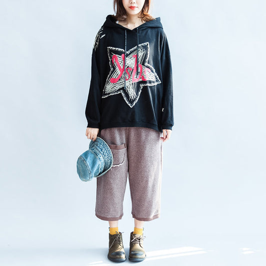 Herbst dicken schwarzen Baumwollpullover Oversize lässige Kapuzensportbluse