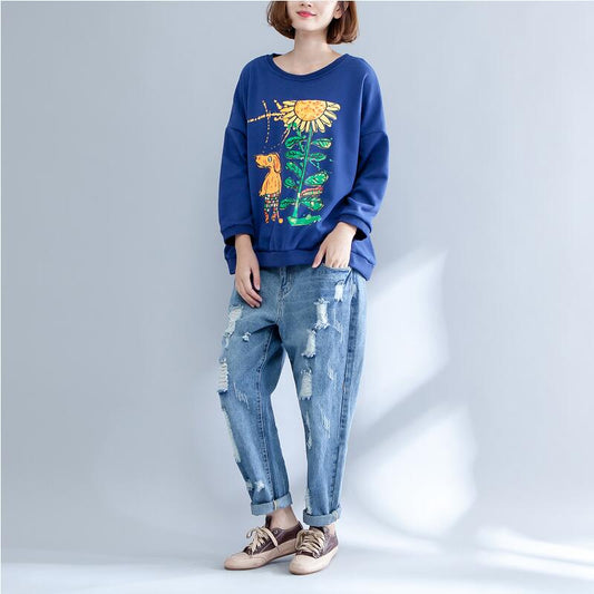 Herbst dicke warme Baumwolloberteile Übergröße O-Ausschnitt Prints Pullover