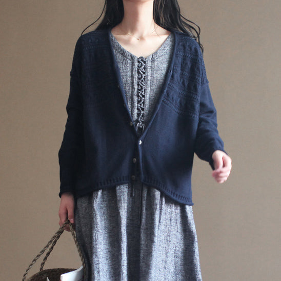 Herbst V-Ausschnitt Vintage Baumwollstrickjacken Plus Size Casual Navy Pullover Tops