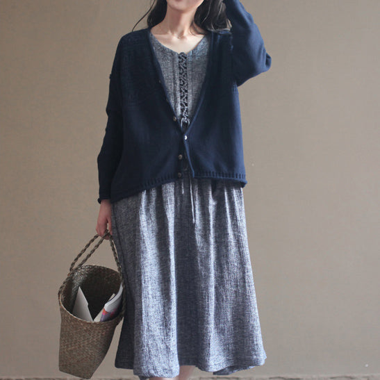 Herbst V-Ausschnitt Vintage Baumwollstrickjacken Plus Size Casual Navy Pullover Tops