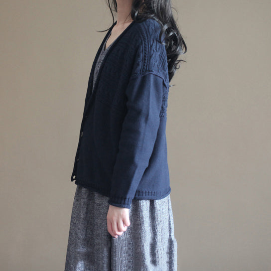 Herbst V-Ausschnitt Vintage Baumwollstrickjacken Plus Size Casual Navy Pullover Tops