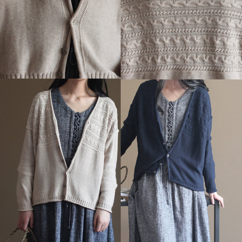 Herbst V-Ausschnitt Vintage Baumwollstrickjacken Plus Size Casual Navy Pullover Tops