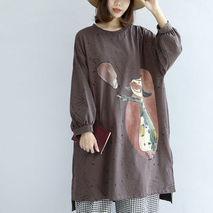 Herbst warme khaki Cartoon Print Baumwollkleider Plus Size Laternenärmel Pulloverkleid