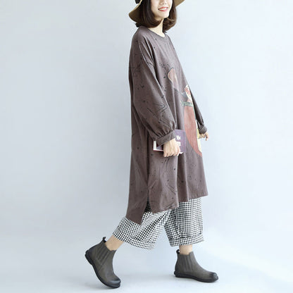 Herbst warme khaki Cartoon Print Baumwollkleider Plus Size Laternenärmel Pulloverkleid