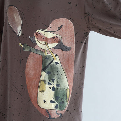 Herbst warme khaki Cartoon Print Baumwollkleider Plus Size Laternenärmel Pulloverkleid