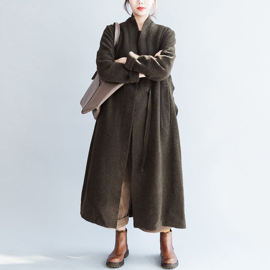 Herbst winter schwärzlich grün mode woll strickjacken plus größe krawatte taille frauen trenchcoats