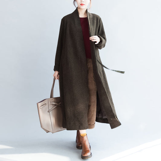 Herbst winter schwärzlich grün mode woll strickjacken plus größe krawatte taille frauen trenchcoats