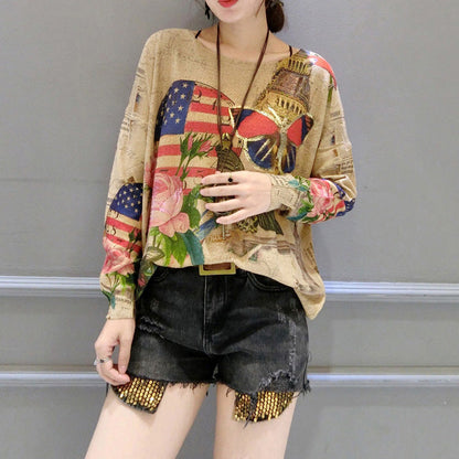 Herbst winter neue schmetterling drucke baumwolle stricken t-shirt oversize frauen