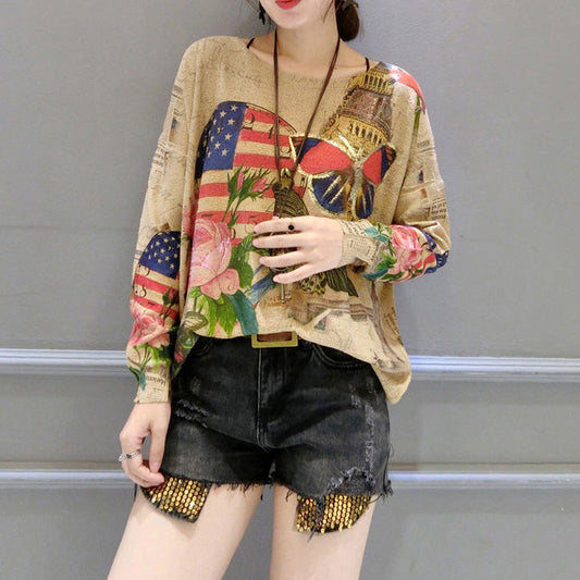 Herbst winter neue schmetterling drucke baumwolle stricken t-shirt oversize frauen