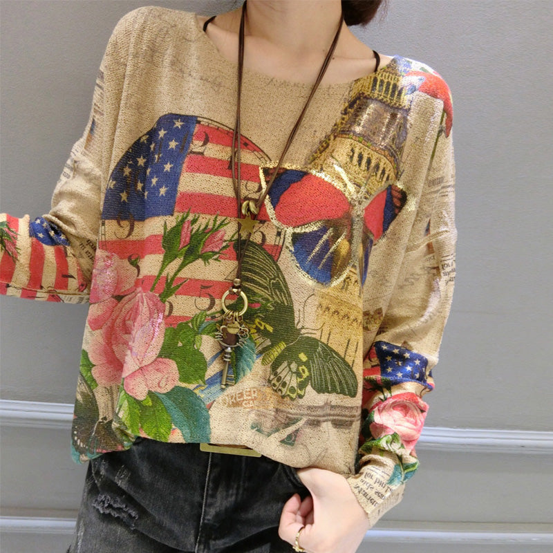 Herbst winter neue schmetterling drucke baumwolle stricken t-shirt oversize frauen