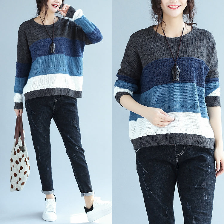 Herbst Winter Patchwork Wollstrickoberteile Plus Size Casual Blau Grau Gestreifter Pullover