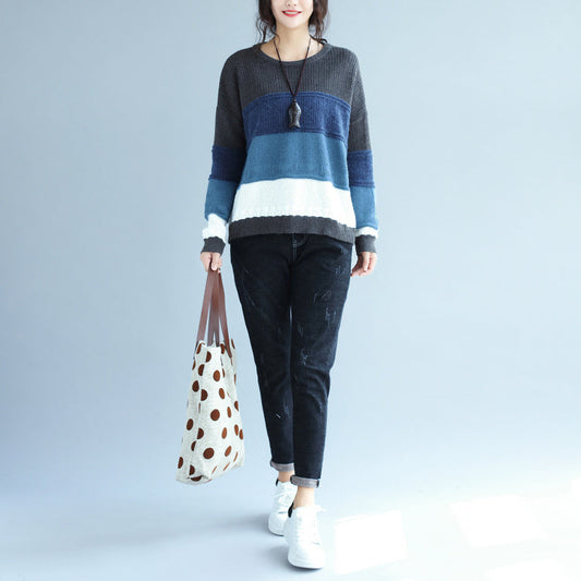 Herbst Winter Patchwork Wollstrickoberteile Plus Size Casual Blau Grau Gestreifter Pullover