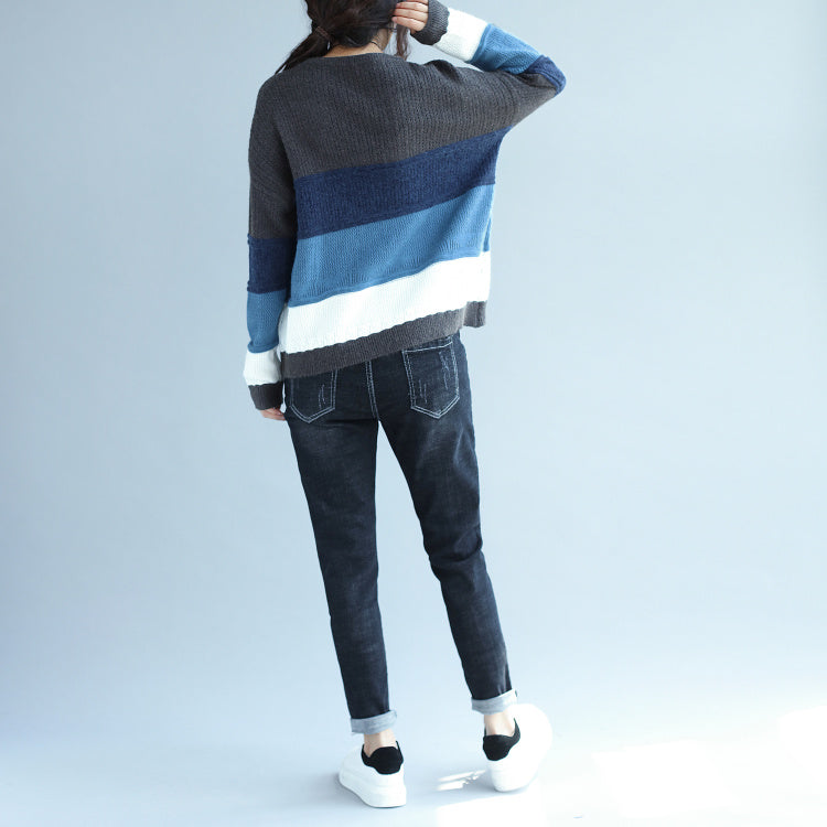 Herbst Winter Patchwork Wollstrickoberteile Plus Size Casual Blau Grau Gestreifter Pullover
