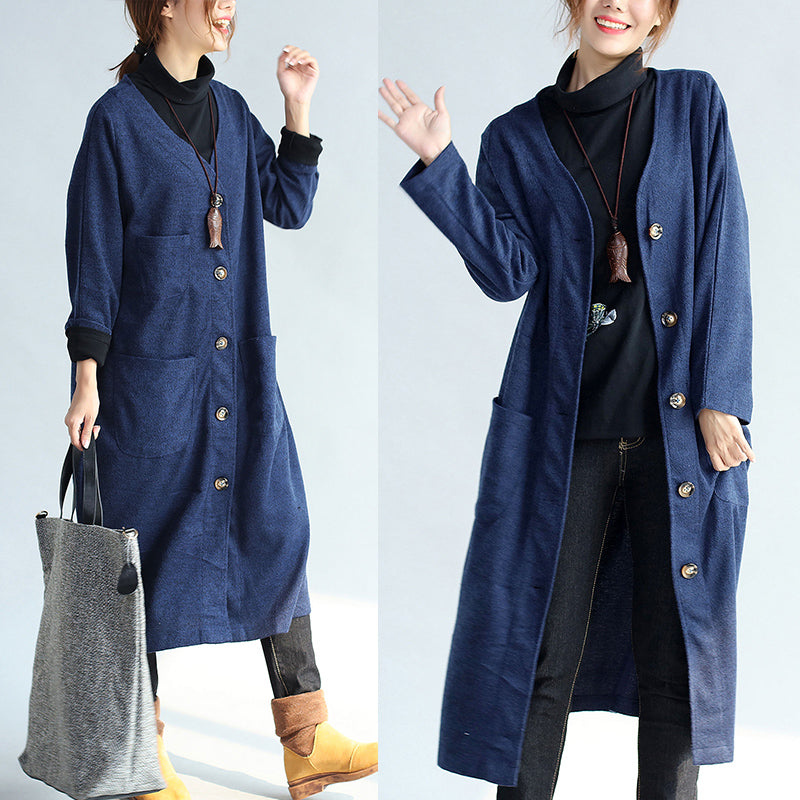 Herbst Winter warme Marine Baumwolle Trenchcoats Wolle lose Taschen V-Ausschnitt Strickjacken