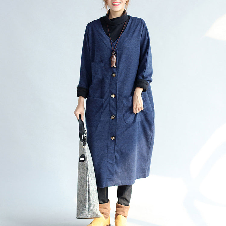 Herbst Winter warme Marine Baumwolle Trenchcoats Wolle lose Taschen V-Ausschnitt Strickjacken