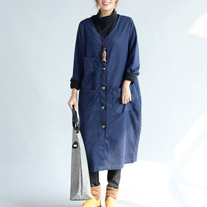 Herbst Winter warme Marine Baumwolle Trenchcoats Wolle lose Taschen V-Ausschnitt Strickjacken