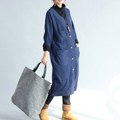 Herbst Winter warme Marine Baumwolle Trenchcoats Wolle lose Taschen V-Ausschnitt Strickjacken