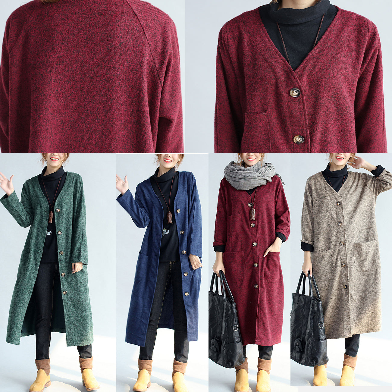 Herbst Winter warme Marine Baumwolle Trenchcoats Wolle lose Taschen V-Ausschnitt Strickjacken