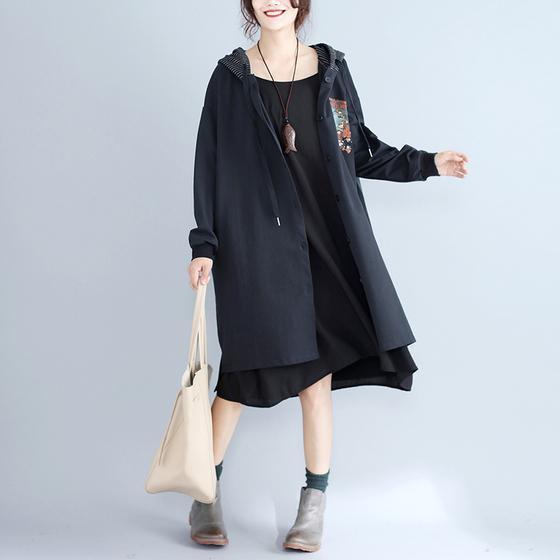 Herbst frauen druckt schwarz baumwolle strickjacke oversize mode fit kapuze graben