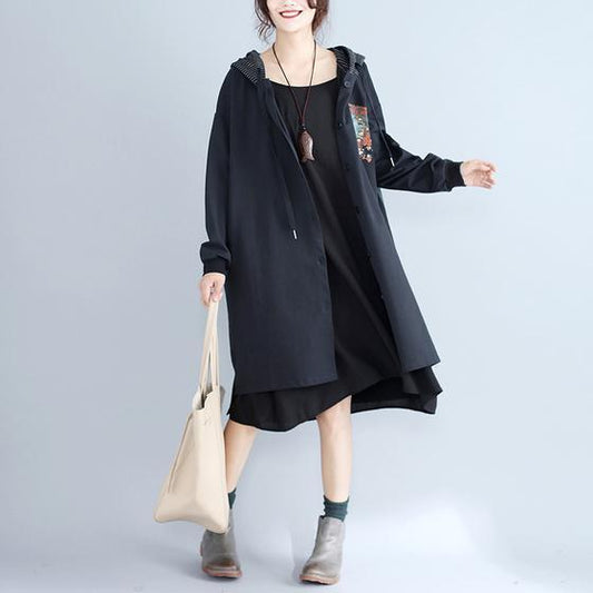 Herbst frauen druckt schwarz baumwolle strickjacke oversize mode fit kapuze graben