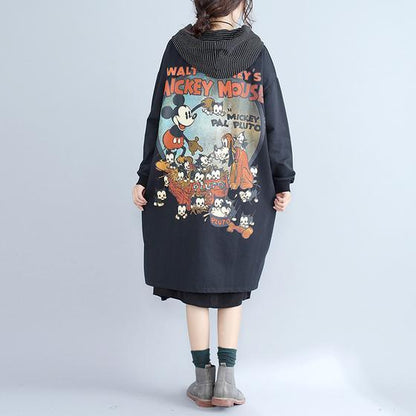 Herbst frauen druckt schwarz baumwolle strickjacke oversize mode fit kapuze graben
