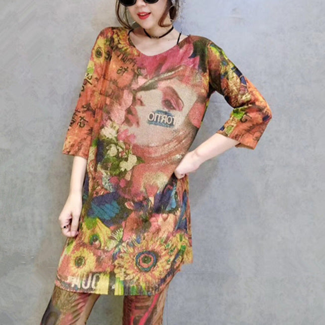 Herbst Damen stilvolle Drucke Baumwolle Strick Tops lockere Passform Armband Ärmel mittellangen Pullover