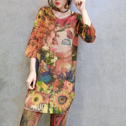 Herbst Damen stilvolle Drucke Baumwolle Strick Tops lockere Passform Armband Ärmel mittellangen Pullover