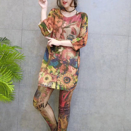 Herbst Damen stilvolle Drucke Baumwolle Strick Tops lockere Passform Armband Ärmel mittellangen Pullover