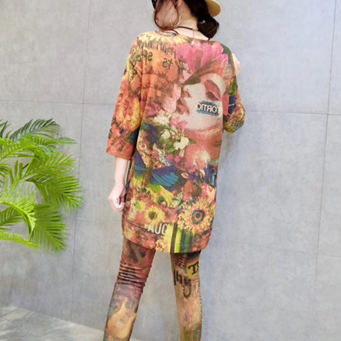 Herbst Damen stilvolle Drucke Baumwolle Strick Tops lockere Passform Armband Ärmel mittellangen Pullover