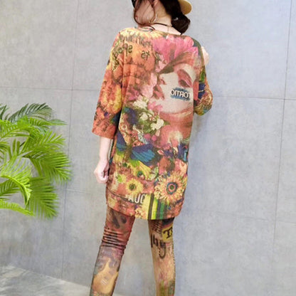 Herbst Damen stilvolle Drucke Baumwolle Strick Tops lockere Passform Armband Ärmel mittellangen Pullover