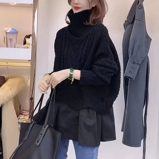 Herbst warme Schokolade Patchwork Strickkleider Übergröße falsche zwei Stücke Frauen elegantes Kleid