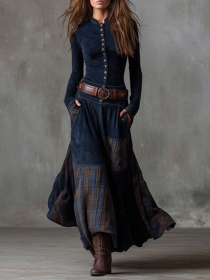 Navy Plaid Paneled Vintage Suede Maxi Dress