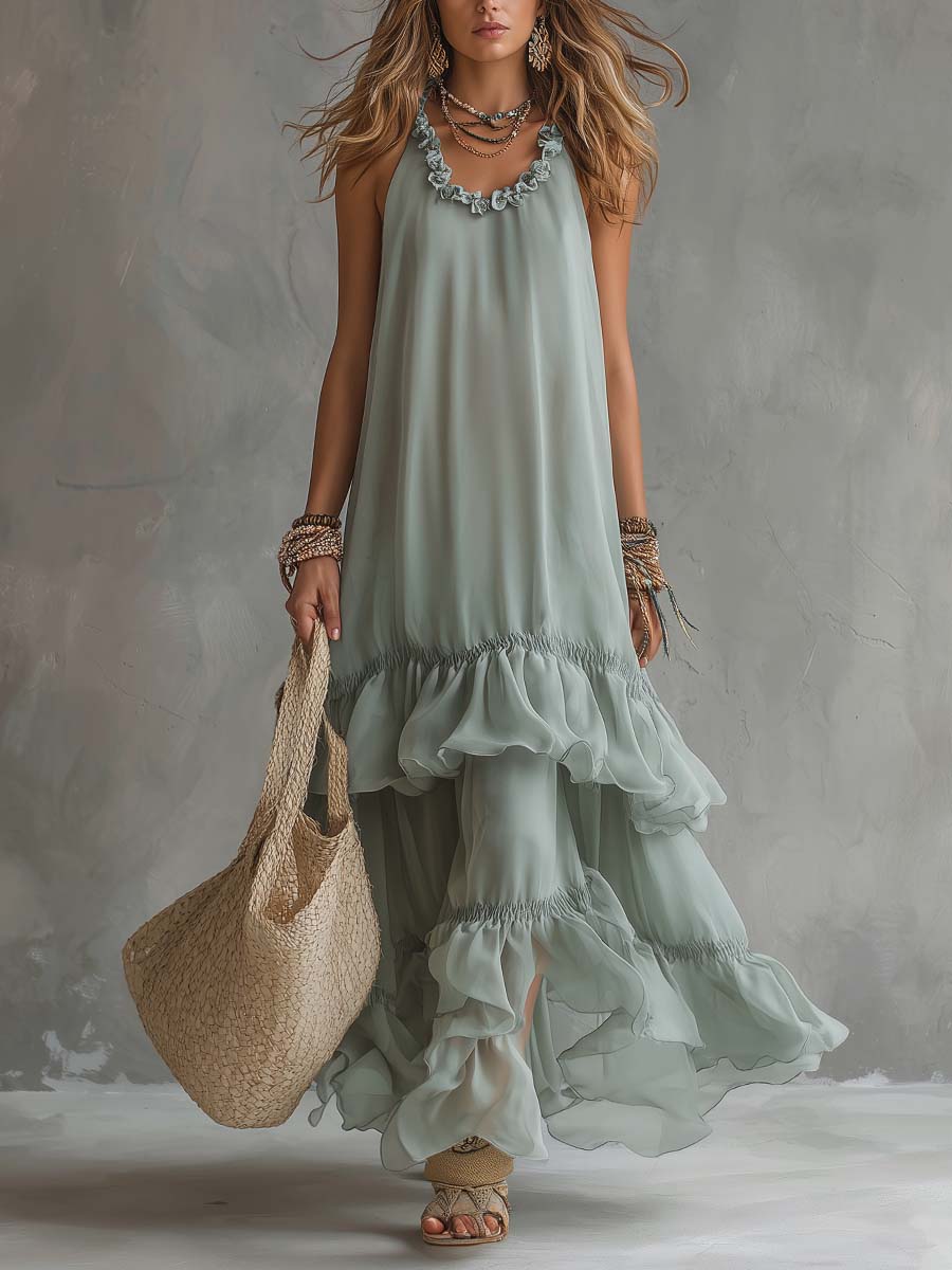 Lightweight Bohemian-style Tiered Ruffle Sleeveless Maxi Dress