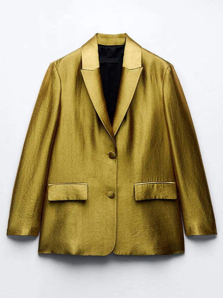 Single-breasted fashion blazer with a bright metallic sheen