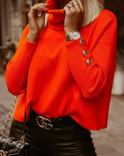 High-Neck Loose-Fit Sweater with Metal Button Collar