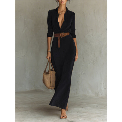 Women's Suede Single-breasted Lapel Belt Maxi Dress